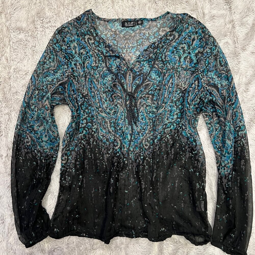 A.N.A.Long Sleeve Sheer Blouse Petite M (fits like a regular M)